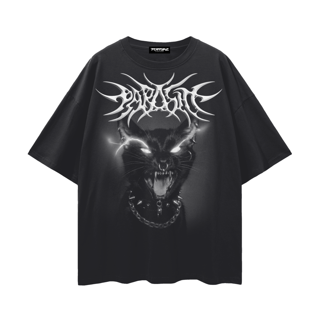 Black t-shirt with a graphic design of a punk cat's face with piercings, chain collar and glowing eyes with 'Parasite' 3D text