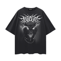 Black t-shirt with a graphic design of a punk cat's face with piercings, chain collar and glowing eyes with 'Parasite' 3D text