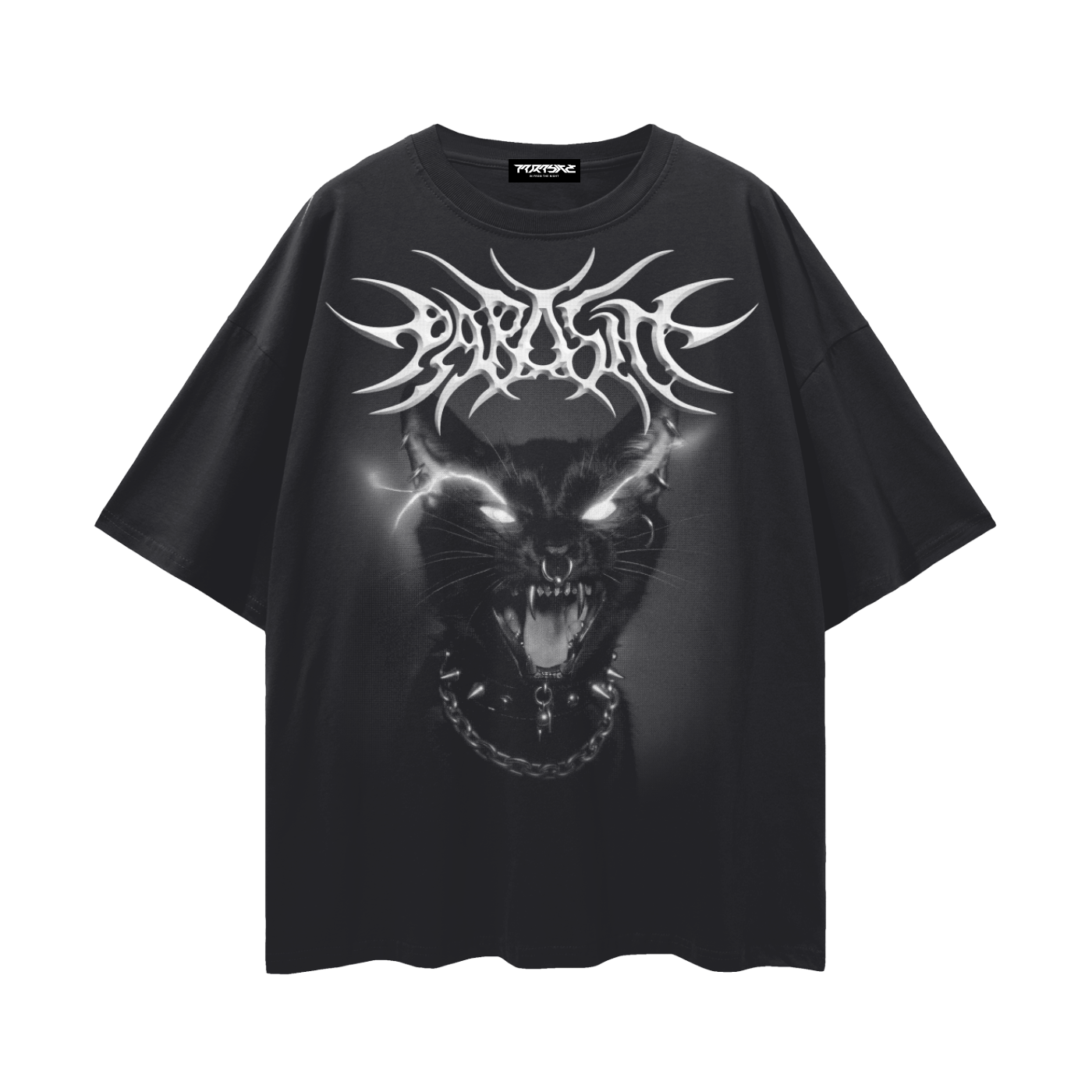 Black t-shirt with a graphic design of a punk cat's face with piercings, chain collar and glowing eyes with 'Parasite' 3D text
