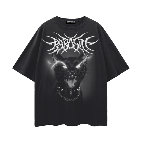 Black t-shirt with a graphic design of a punk cat's face with piercings, chain collar and glowing eyes with 'Parasite' 3D text