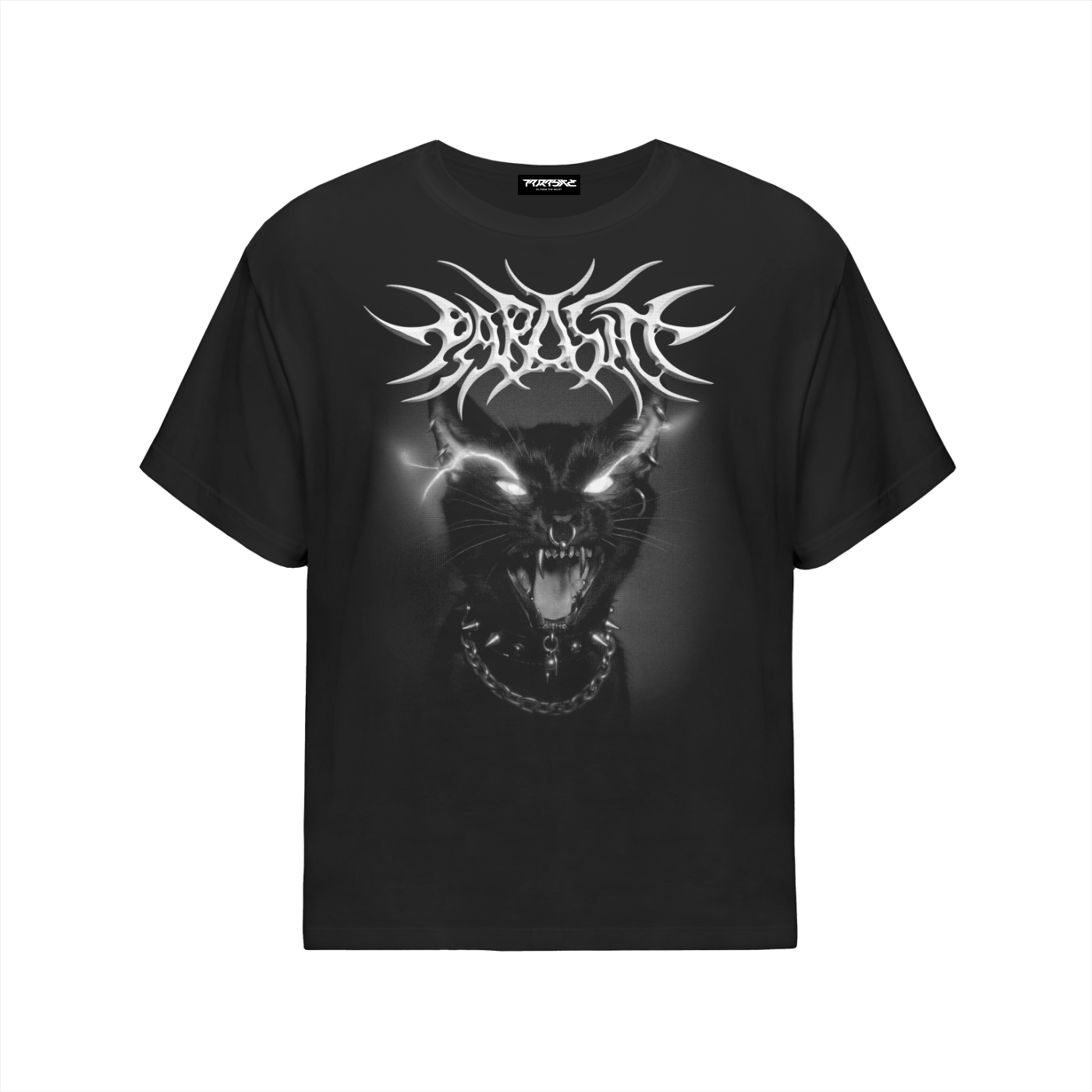 Black t-shirt with a graphic design of a punk cat's face with piercings, chain collar and glowing eyes with 'Parasite' 3D text