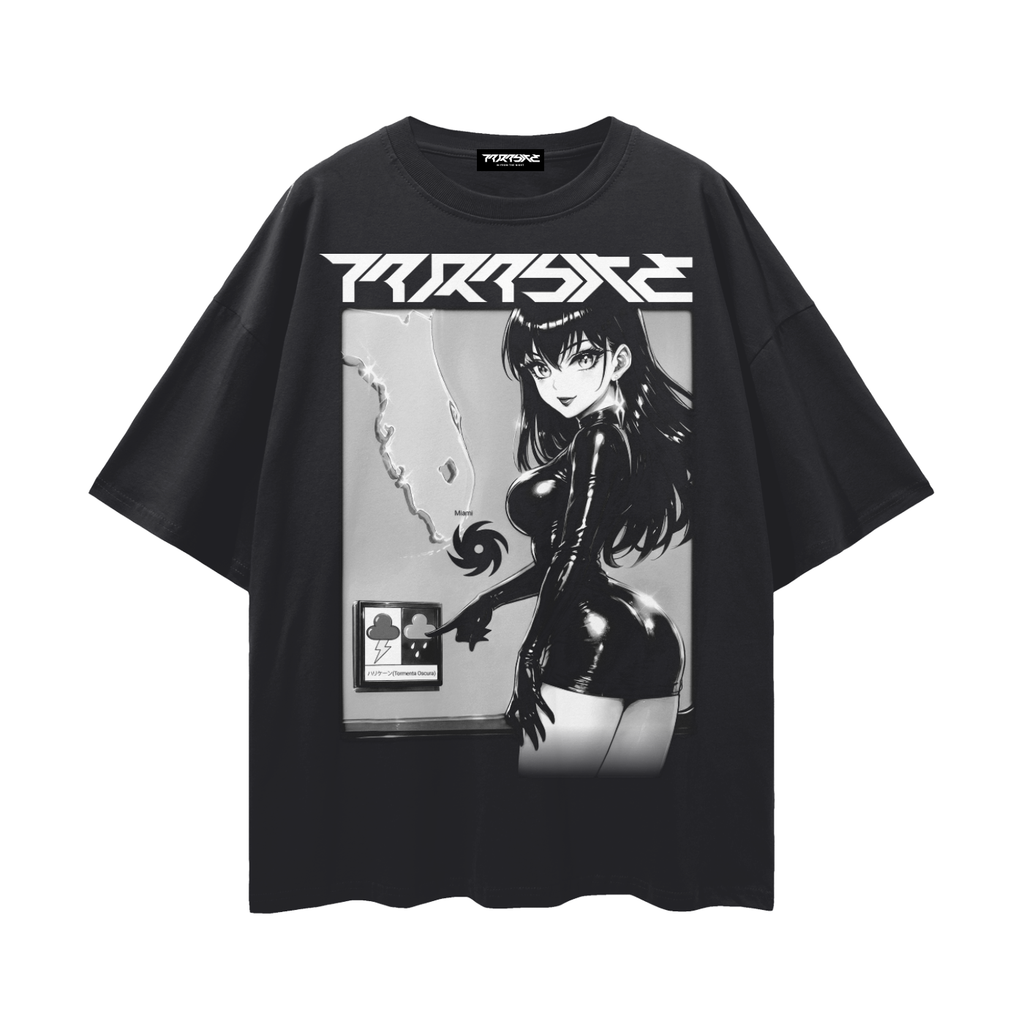 Black t-shirt with weathergirl in latex forecasting storms over Miami graphic design and Parasite Label text on a white background