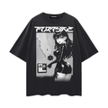 Black t-shirt with weathergirl in latex forecasting storms over Miami graphic design and Parasite Label text on a white background