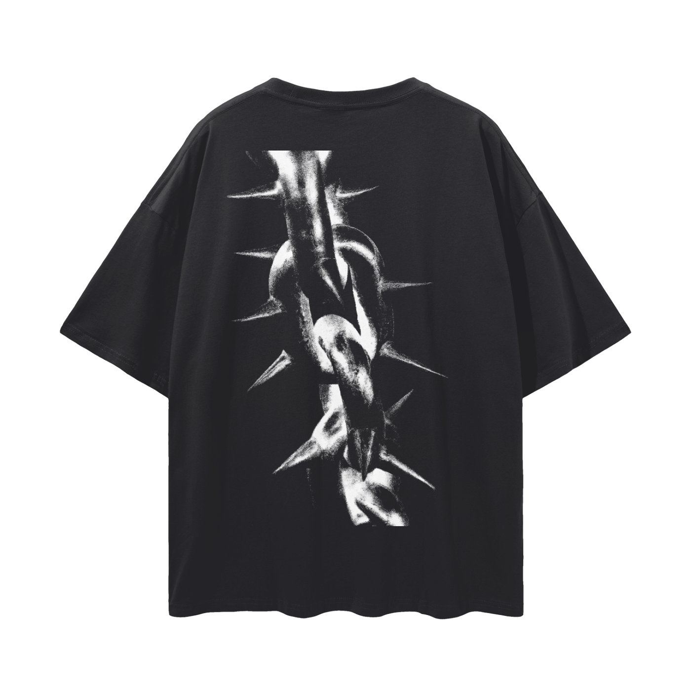 Black t-shirt with white graphic design of spiked chain  on a white background
