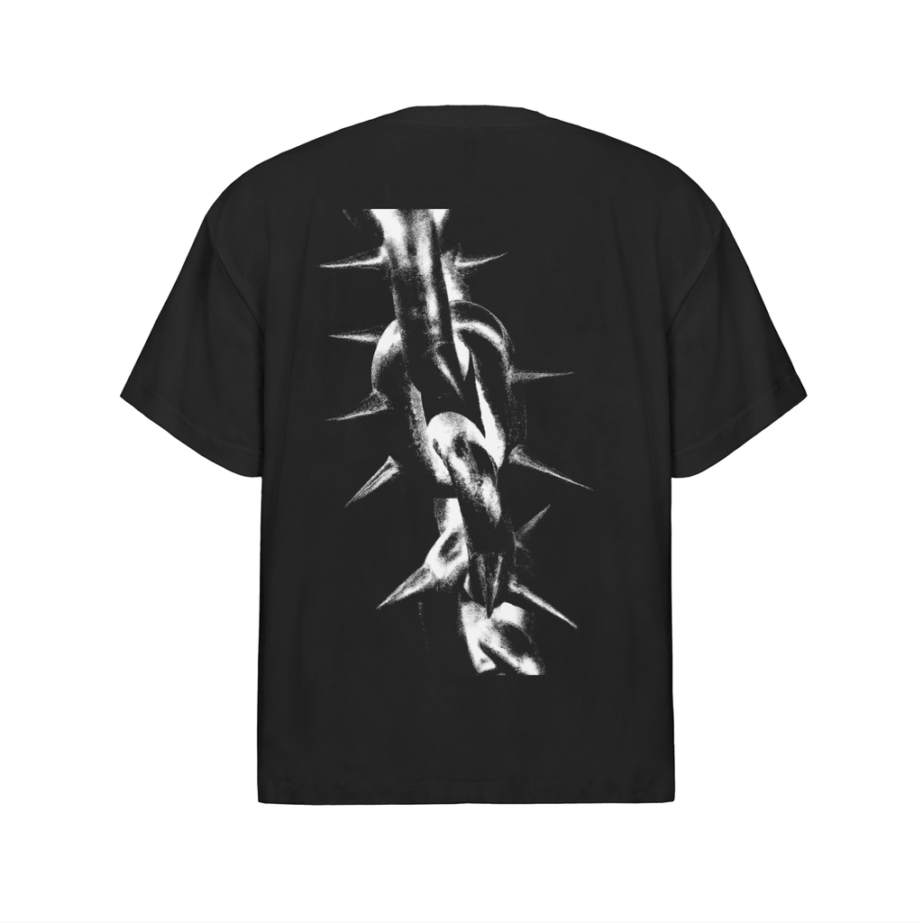 Black t-shirt with white graphic design of spiked chain  on a white background