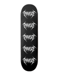 Black skateboard deck with white 'Parasite' logo repeated