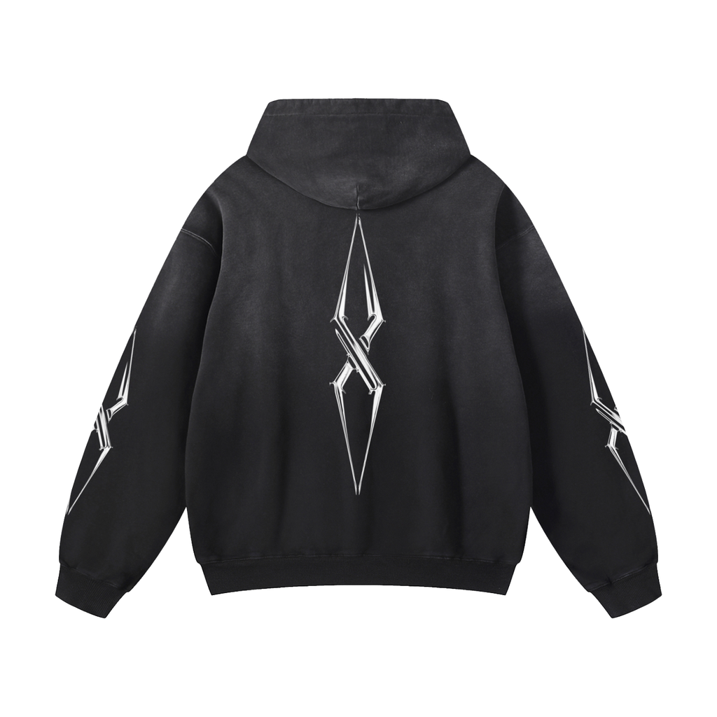 Black hoodie with a white logo on the back against a white background