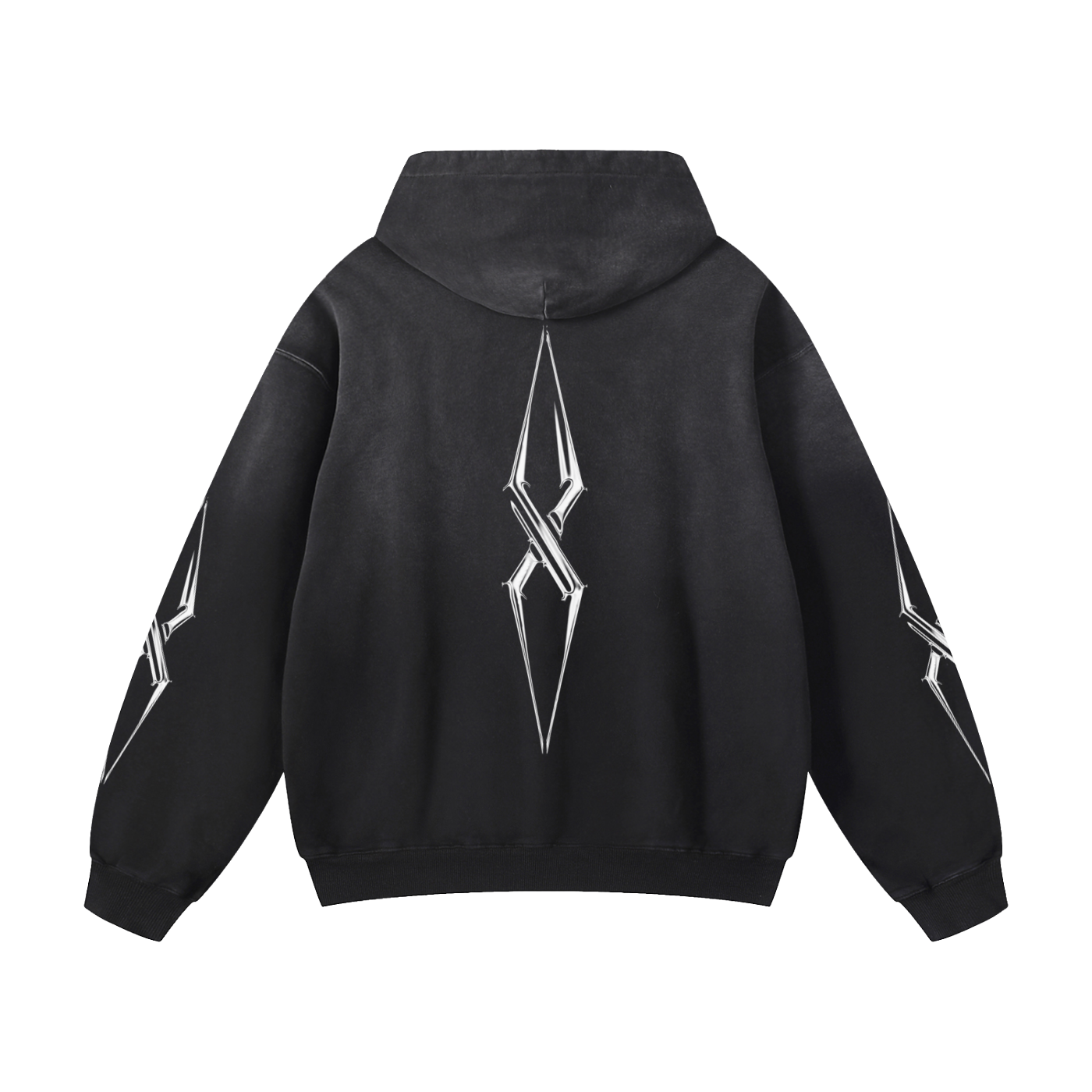 Black hoodie with a white logo on the back against a white background
