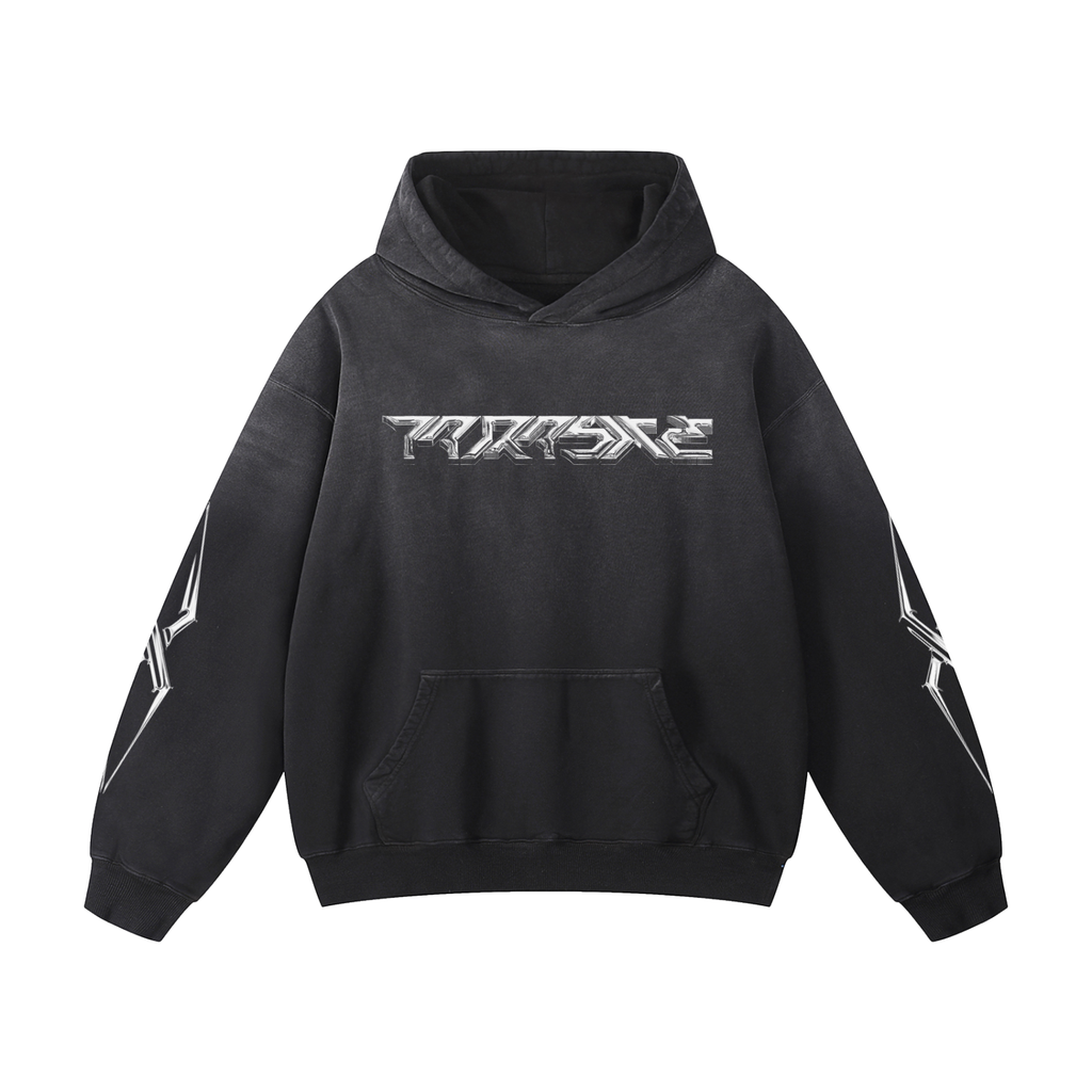Black hoodie with a logo on a white background