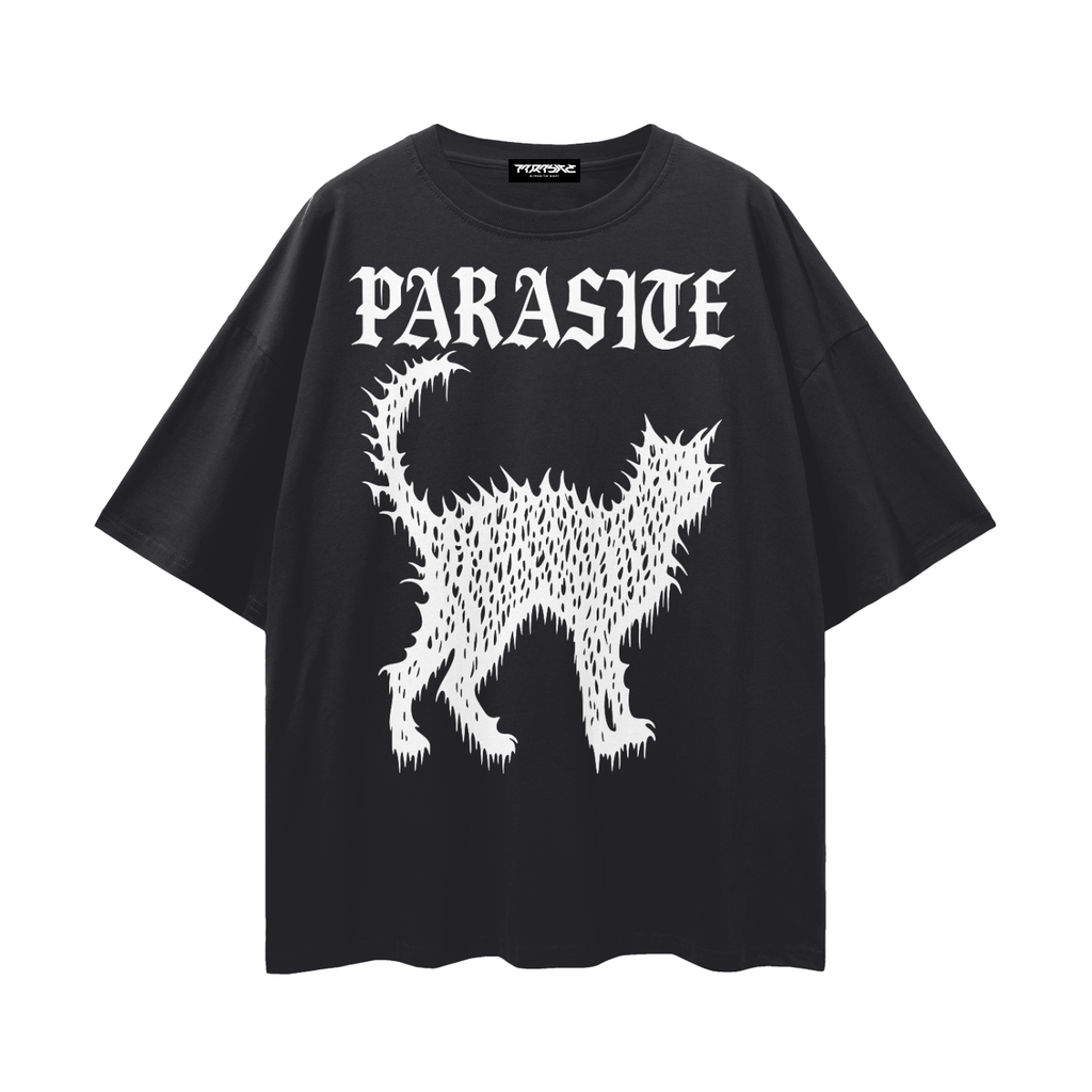 Black t-shirt with white graphic design of drippy street cat and Parasite Label text on a white background