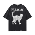 Black t-shirt with white graphic design of drippy street cat and Parasite Label text on a white background