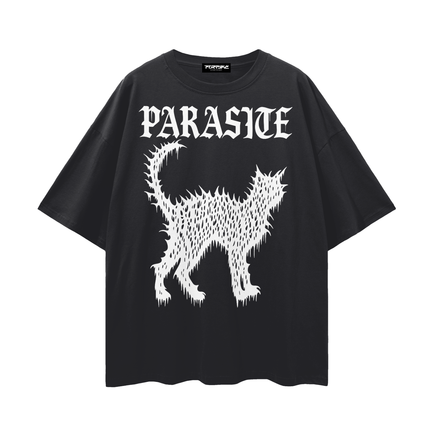 Black t-shirt with white graphic design of drippy street cat and Parasite Label text on a white background
