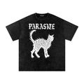 Black t-shirt with white graphic design and Parasite Label text and Slime Cat graphic on a white background