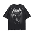 Black t-shirt with a graphic design of a punk cat's face with piercings, chain collar and glowing eyes with Parasite Label 3D text