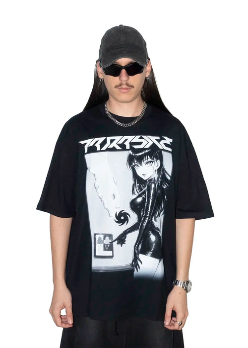 Person wearing a black t-shirt with a Parasite Label graphic design and text, standing against a white background