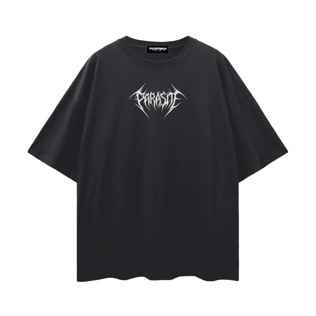 Black t-shirt with a white Parasite Label text logo on a white background