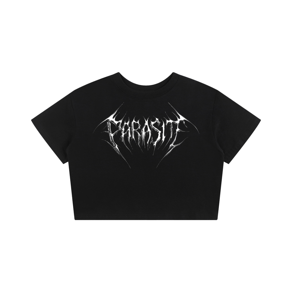 Black t-shirt with Parasite Label chrome 3d text logo in white on white background