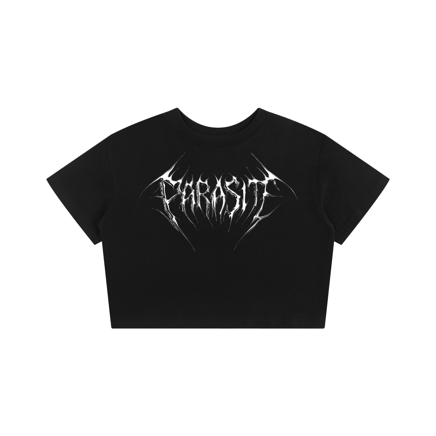 Black t-shirt with Parasite Label chrome 3d text logo in white on white background