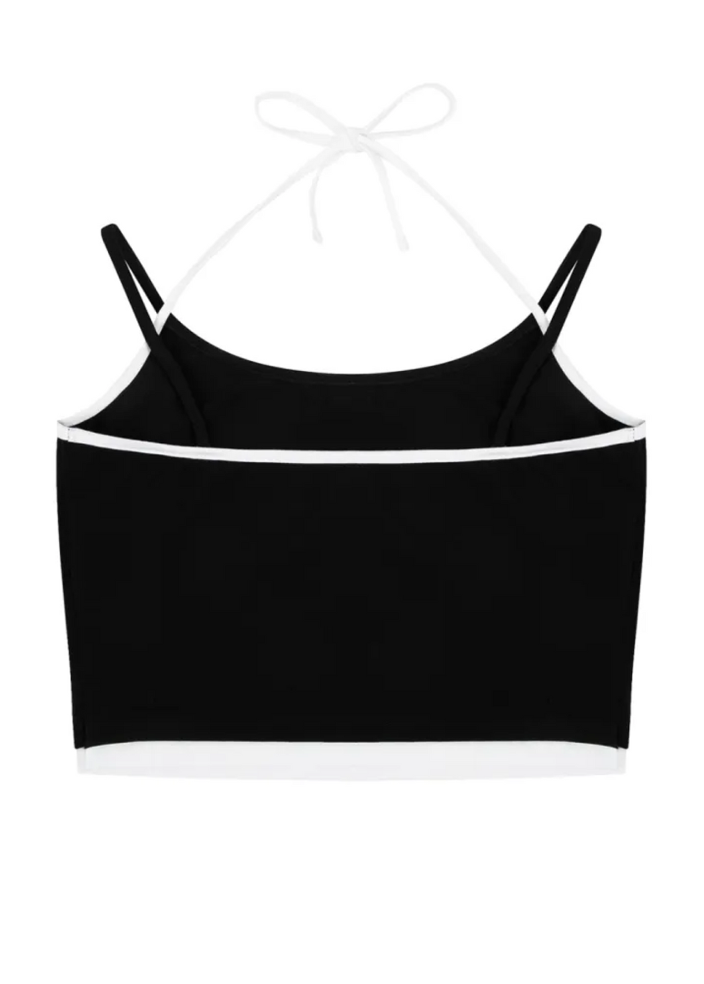 Black halter tank top with thin straps on a white background