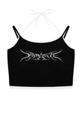 Black halter crop tank top with Parasite Label white graphic design on a white background