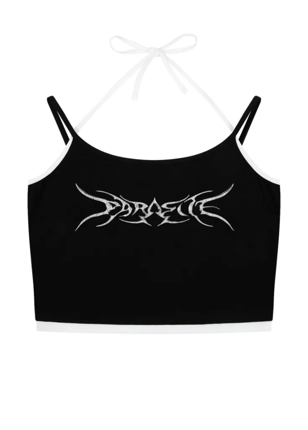 Black halter crop tank top with Parasite Label white graphic design on a white background