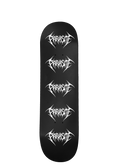 Black skateboard deck with white Parasite Label logo repeated