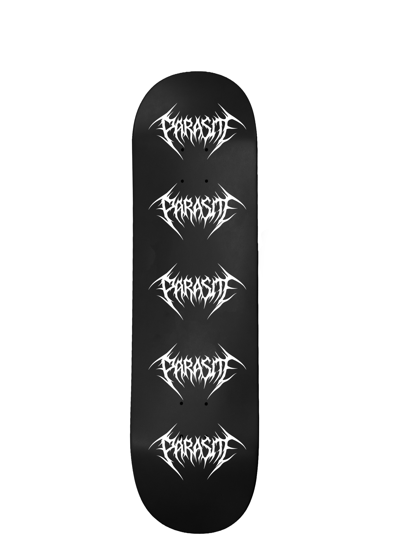 Black skateboard deck with white Parasite Label logo repeated