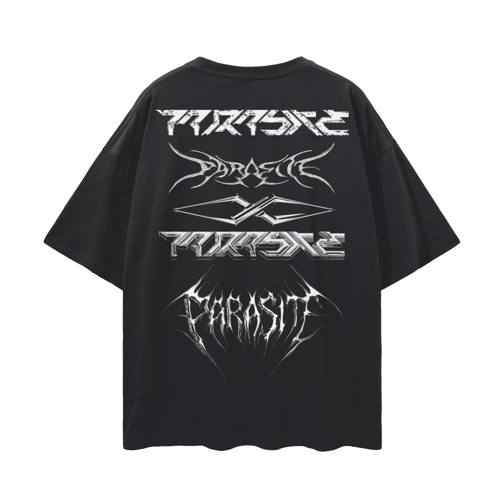 Black t-shirt with white graphic designs and Parasite Label text on a white background