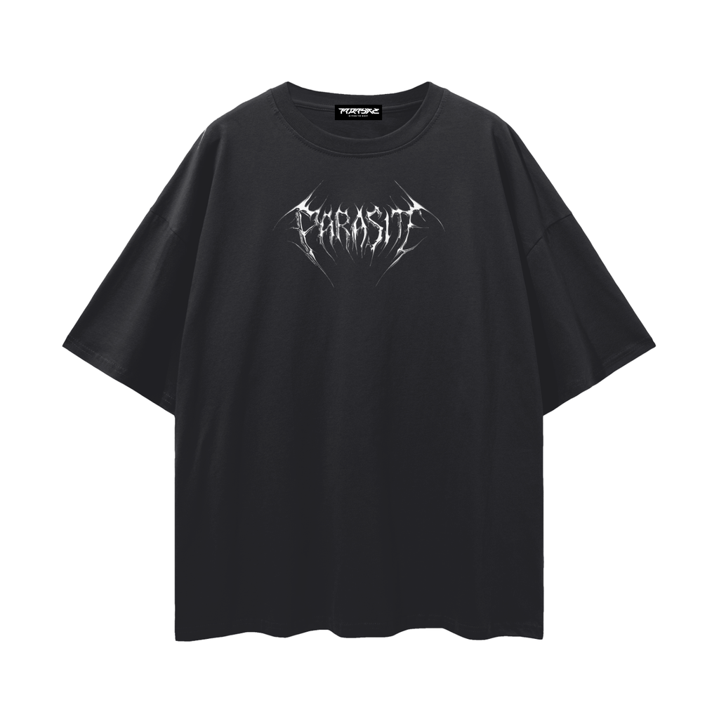Black t-shirt on a white background with Parasite Label chrome text logo