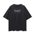 Black t-shirt on a white background with Parasite Label chrome text logo