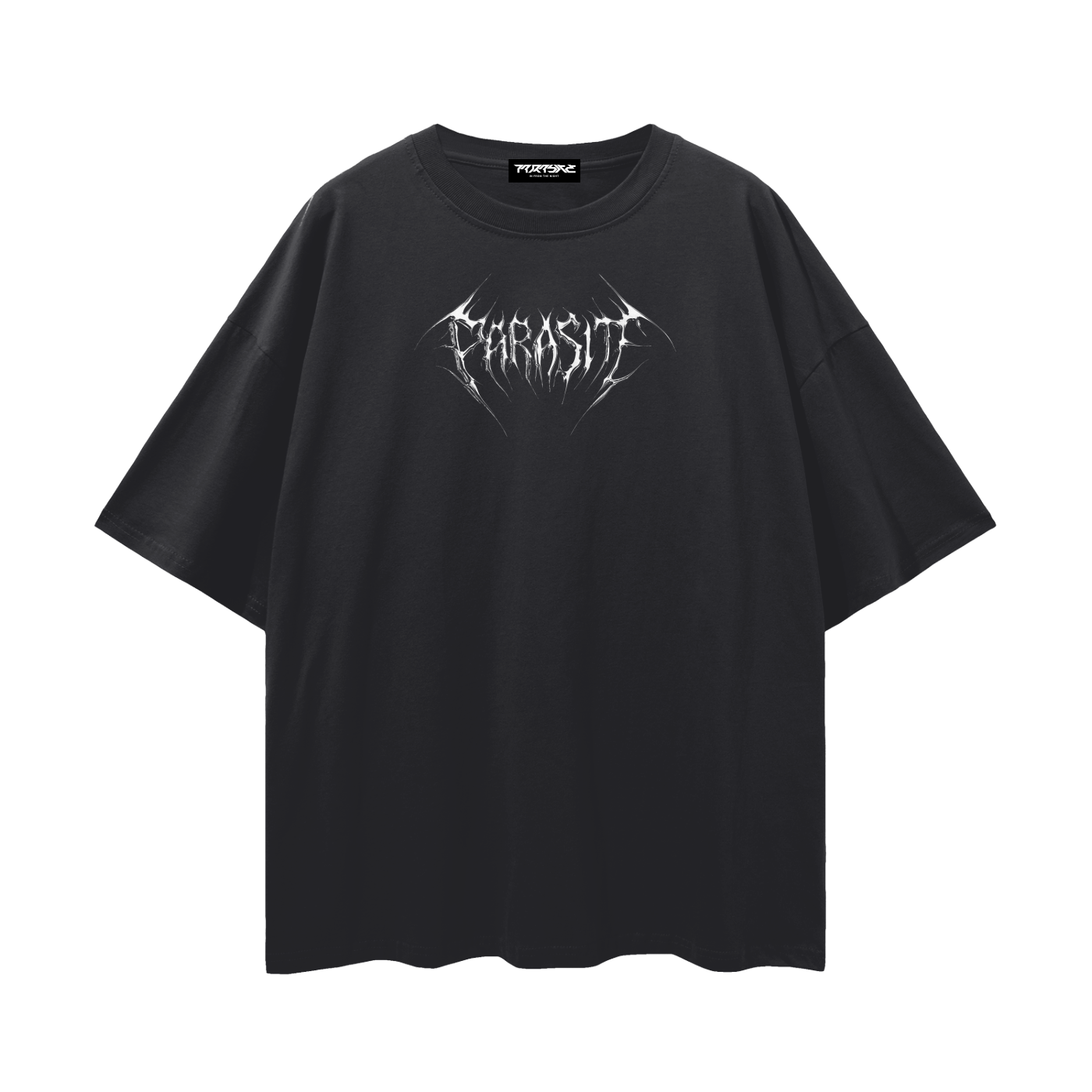 Black t-shirt on a white background with Parasite Label chrome text logo
