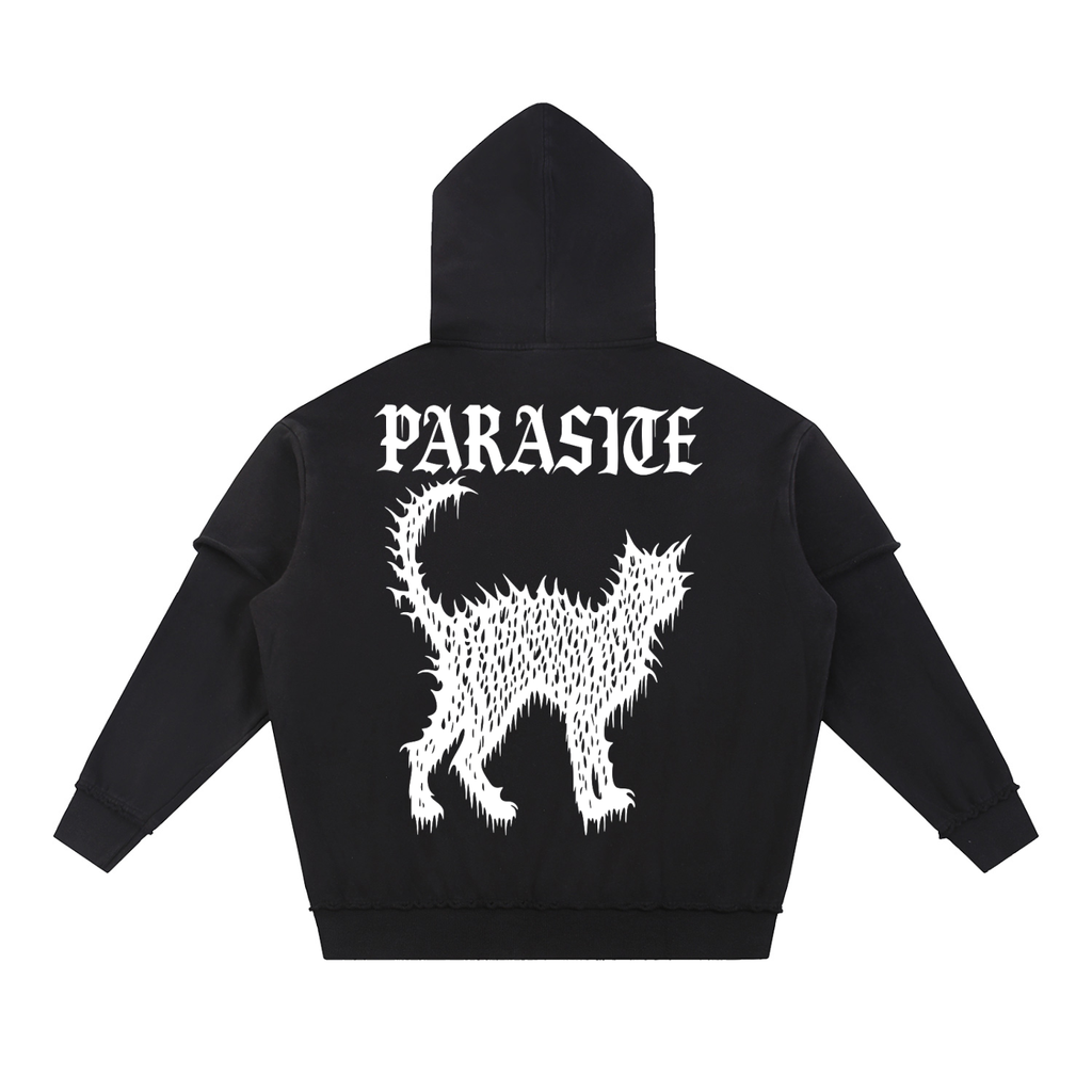 Black hoodie with white Parasite Label text and cat graphic on a white background