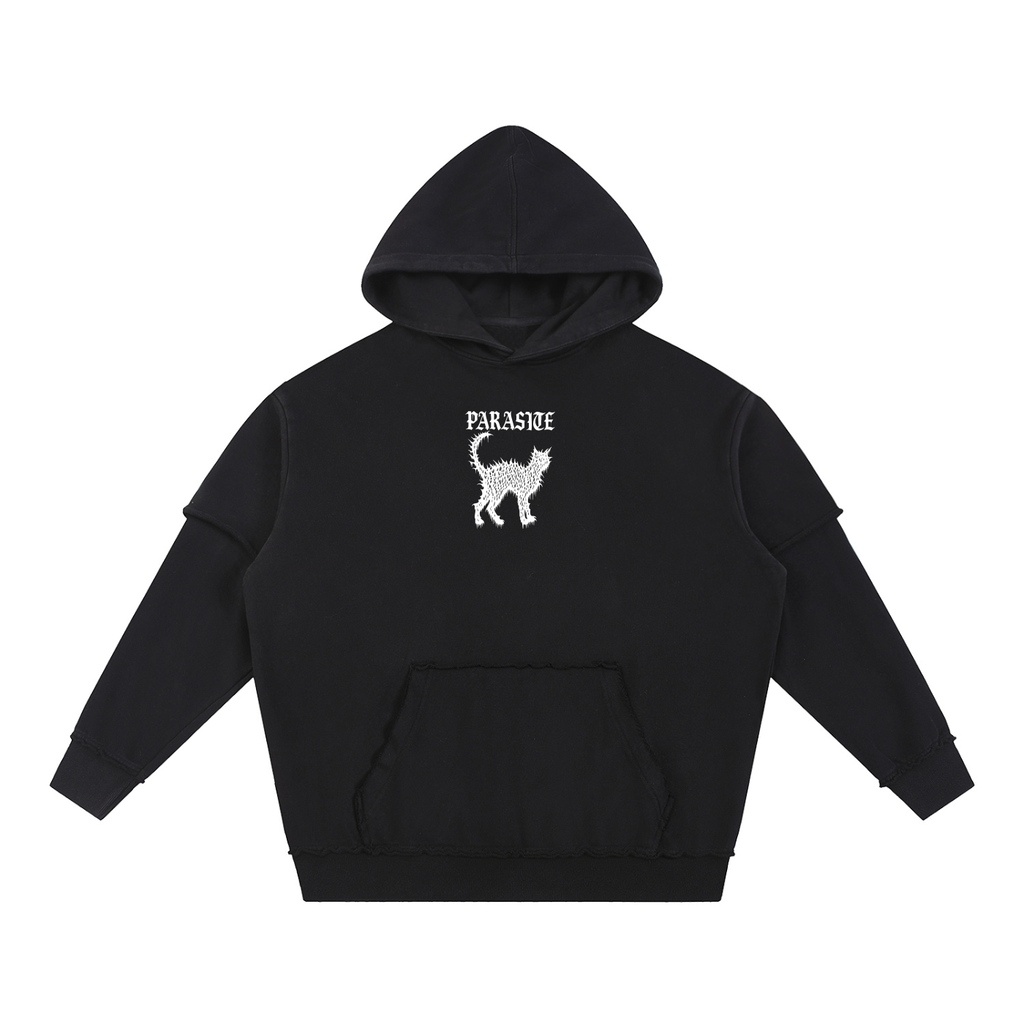 Black hoodie with white cat graphic and Parasite Label text on a white background