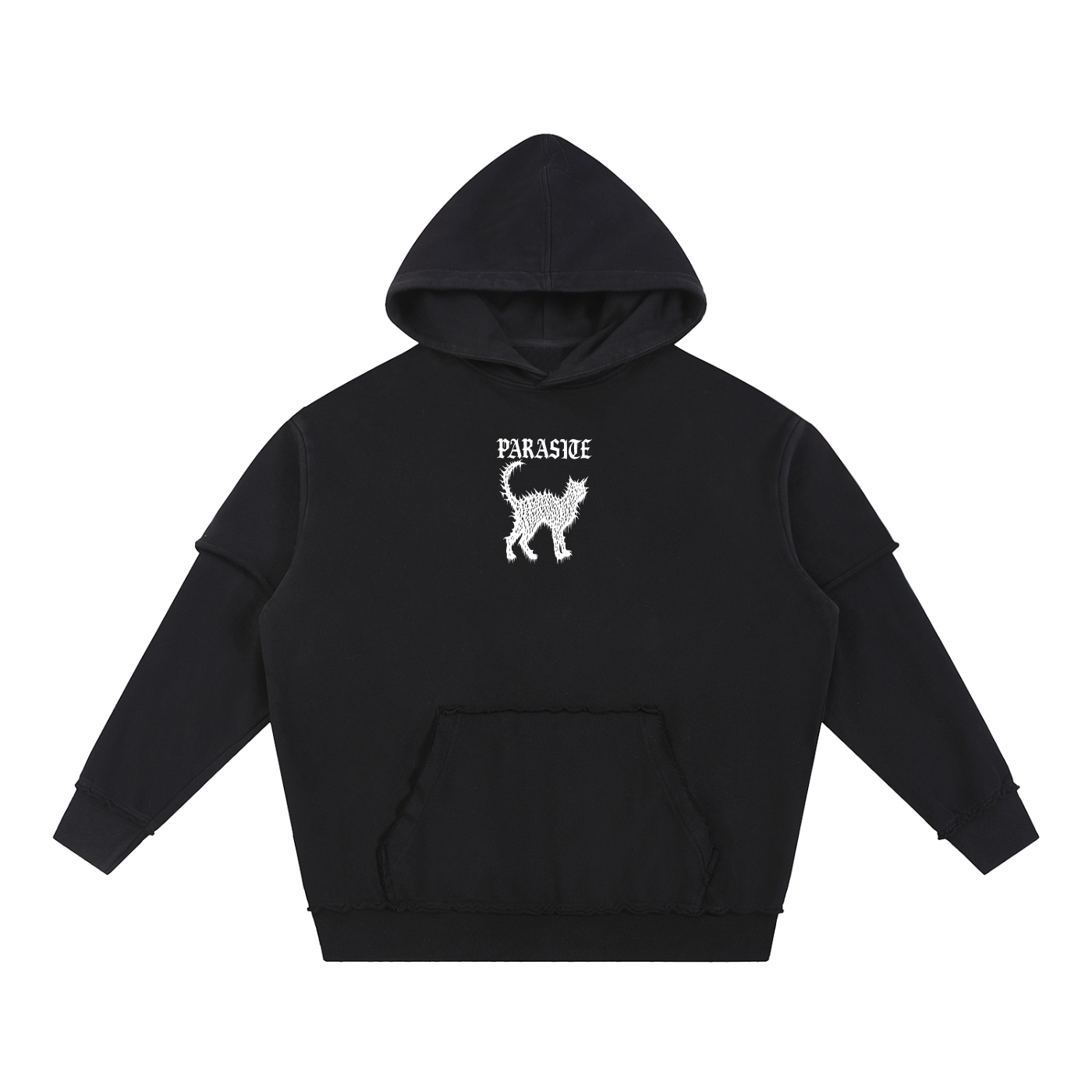 Black hoodie with white cat graphic and Parasite Label text on a white background