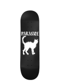 Black skateboard deck with white graphic of a cat and Parasite Label text on a white background