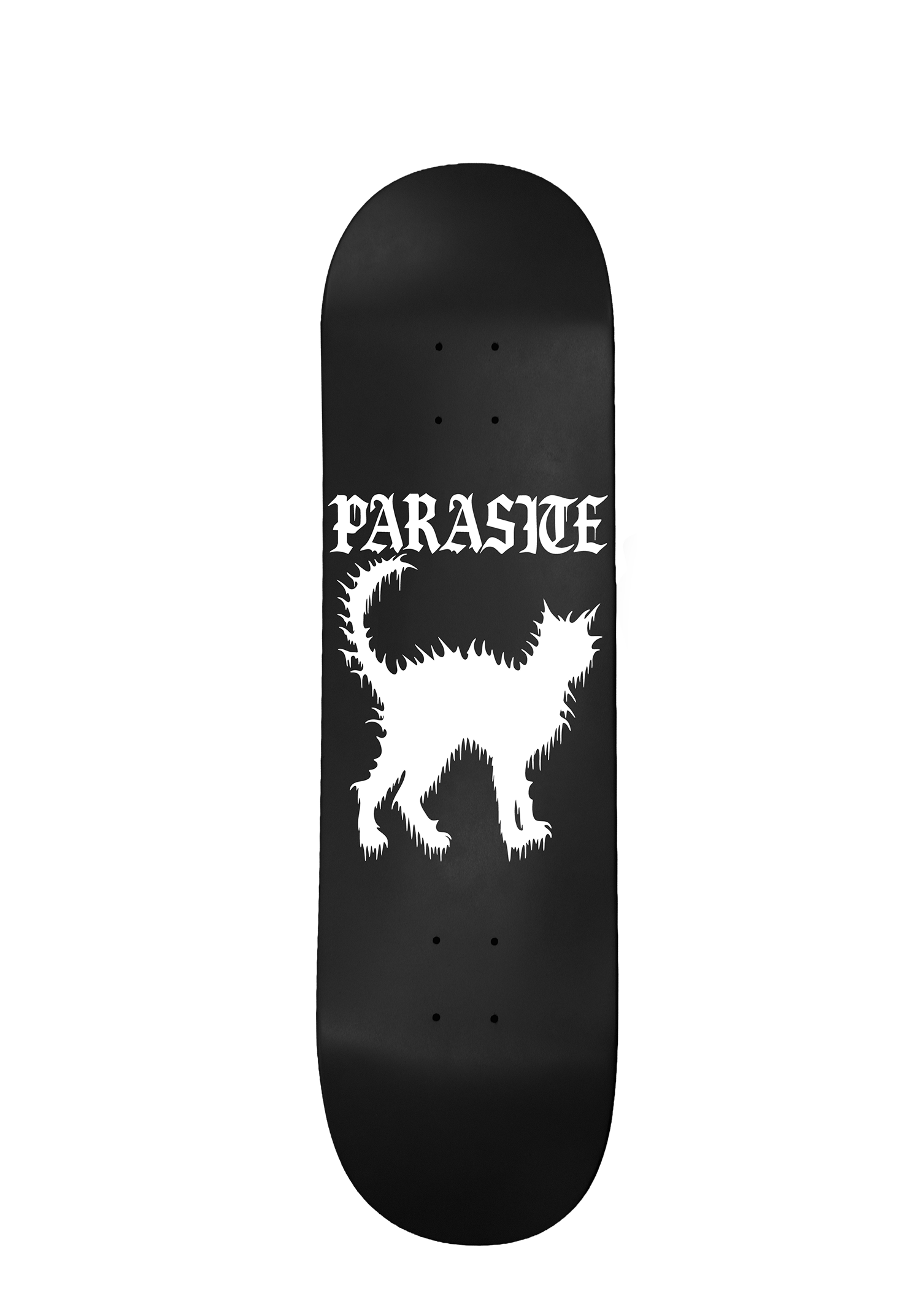 Black skateboard deck with white graphic of a cat and Parasite Label text on a white background