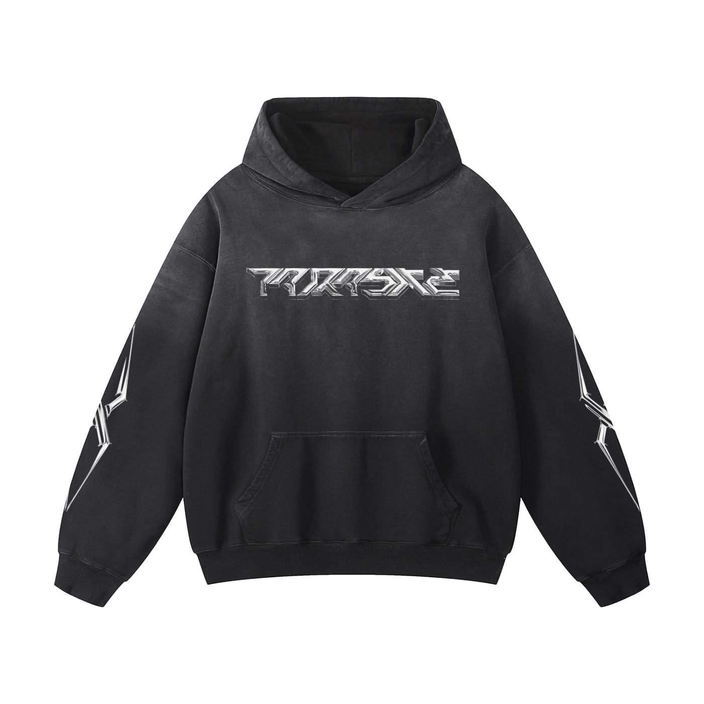 Black hoodie with a logo 3d chrome Parasite Label on a white background