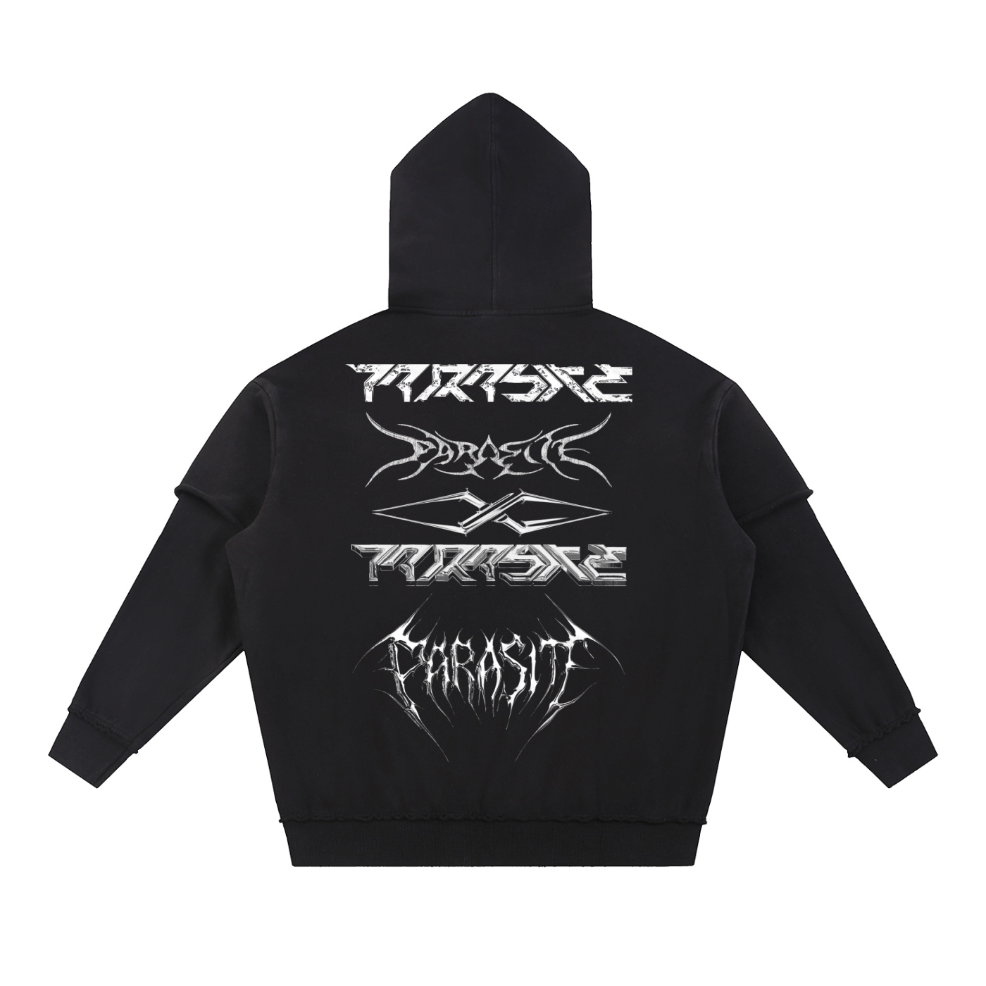 Black hoodie with white 3d chrome Parasite Label logos stacked graphics on the back against a white background
