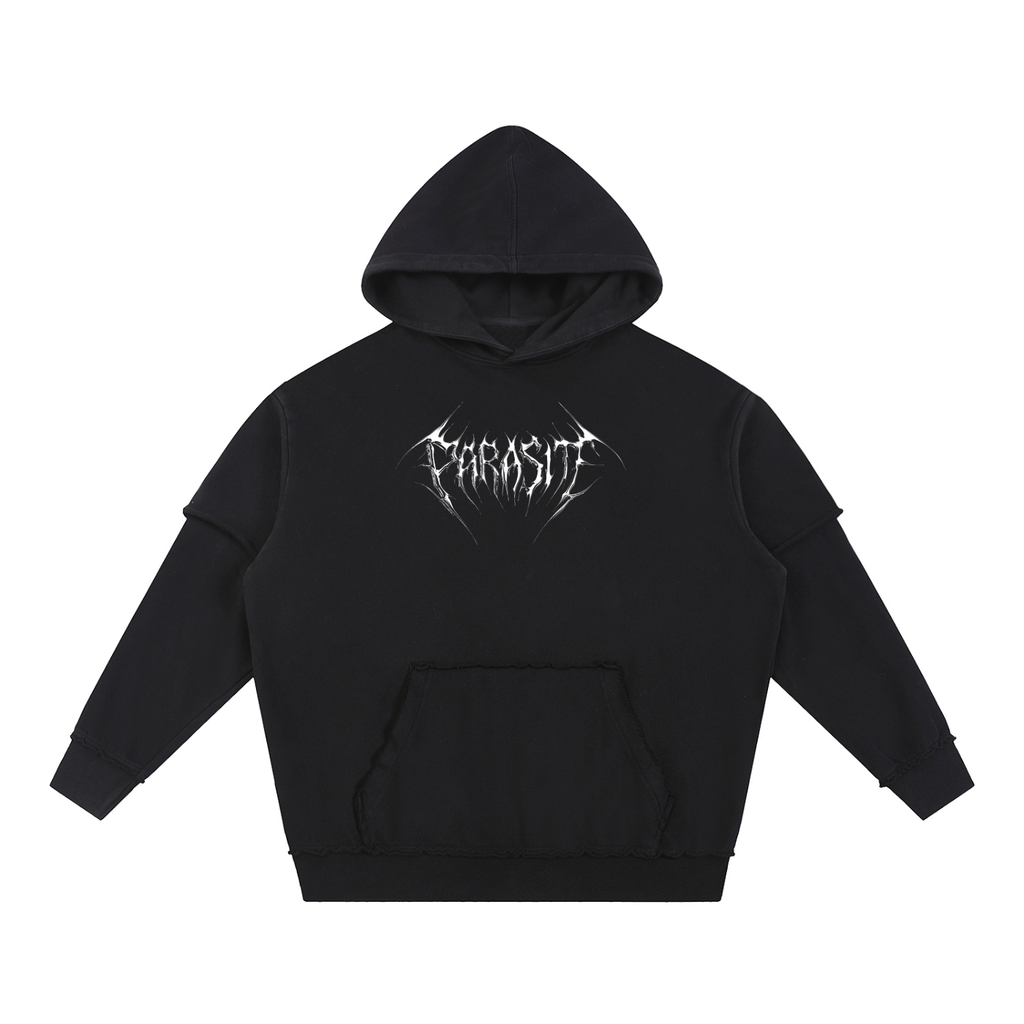 Black hoodie with a white 3d chrome Parasite Label logo on a white background