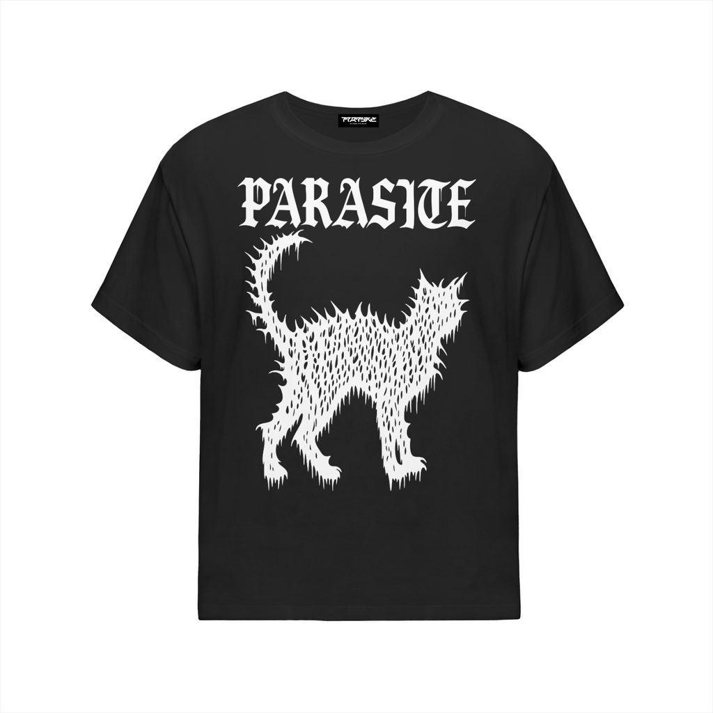 Black t-shirt with white graphic design of drippy street cat and 'Parasite' text on a white background