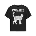 Black t-shirt with white graphic design of drippy street cat and 'Parasite' text on a white background